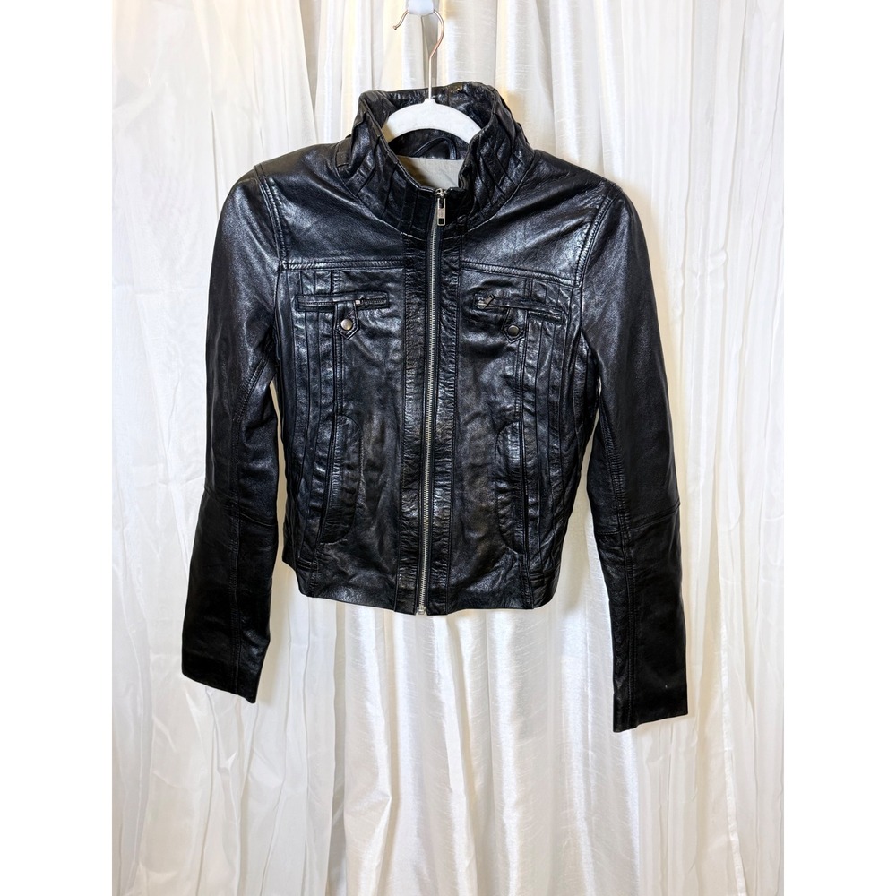 Danier Leather Jacket Womens 2XS Black Pleated Neck Moto Full Zip 71545